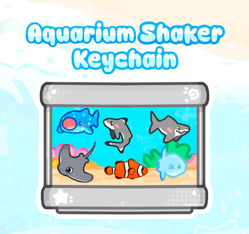 May include: An aquarium-themed keychain with the text "Aquarium Shaker Keychain." The keychain features cartoon illustrations of various sea creatures, including a blue spotted fish, a gray shark, a stingray, and an orange clownfish, all within a rectangular frame.