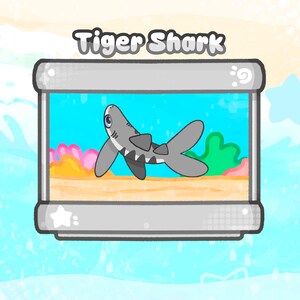 May include: A cartoon illustration of a tiger shark inside a rectangular aquarium. The shark is gray with black markings and a white belly. The aquarium has a blue background with coral and plants. The text "Tiger Shark" is above the aquarium.