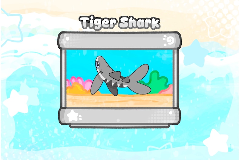 May include: A cartoon illustration of a tiger shark inside a rectangular aquarium. The shark is gray with black markings and a white belly. The aquarium has a blue background with coral and plants. The text "Tiger Shark" is above the aquarium.