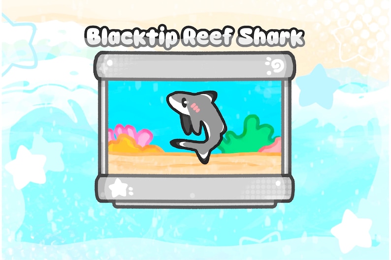 May include: A cartoon illustration of a Blacktip Reef Shark in a rectangular aquarium. The shark is gray with black-tipped fins and a pink blush. The aquarium has a blue background with coral and plants.