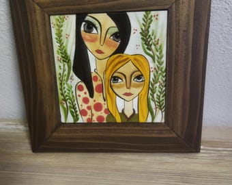 Iznik Tile Ceramic Wall Art, Mother Daughter Portrait, Handcrafted Framed Artwork