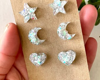 Stars, moons, and heart earrings | resin earrings | glitter earrings