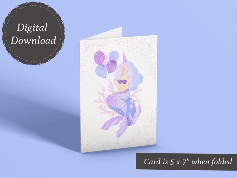 Printable Mermaid Birthday Card, Instant Download, 5x7 Inch Greeting ...
