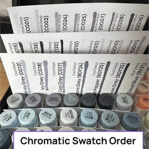 Könnte beinhalten: Eine Sammlung von Kunstmarkern in einem Etui, angeordnet in einer chromatischen Farbfeldanordnung. Die Marker sind in verschiedenen Grau- und Blautönen gehalten, mit Etiketten, die Farbnamen und -codes angeben. Das Bild enthält gedruckte Farbfelder als Referenz.