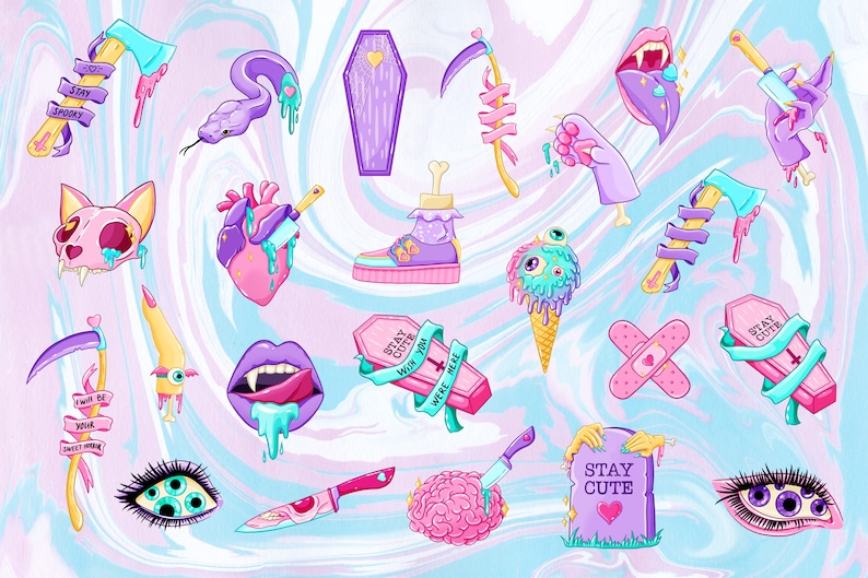Stay Cute Pastel Goth Clipart, Creepy and Cute Digital Stickers, Spooky
