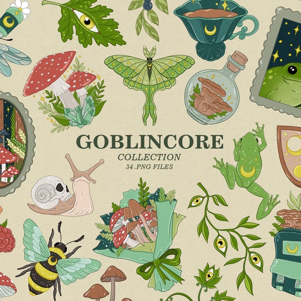 Goblincore clipart, Cottagecore green witch clipart, frog and toad printable sublimation design, digital stickers, digital journaling