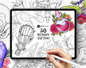 50 Witchy Tattoo Designs Procreate Stamp Brushes, Witch Procreate Stamps, Mystical Tattoo Procreate Brushes, Witchy Procreate stamp bundle