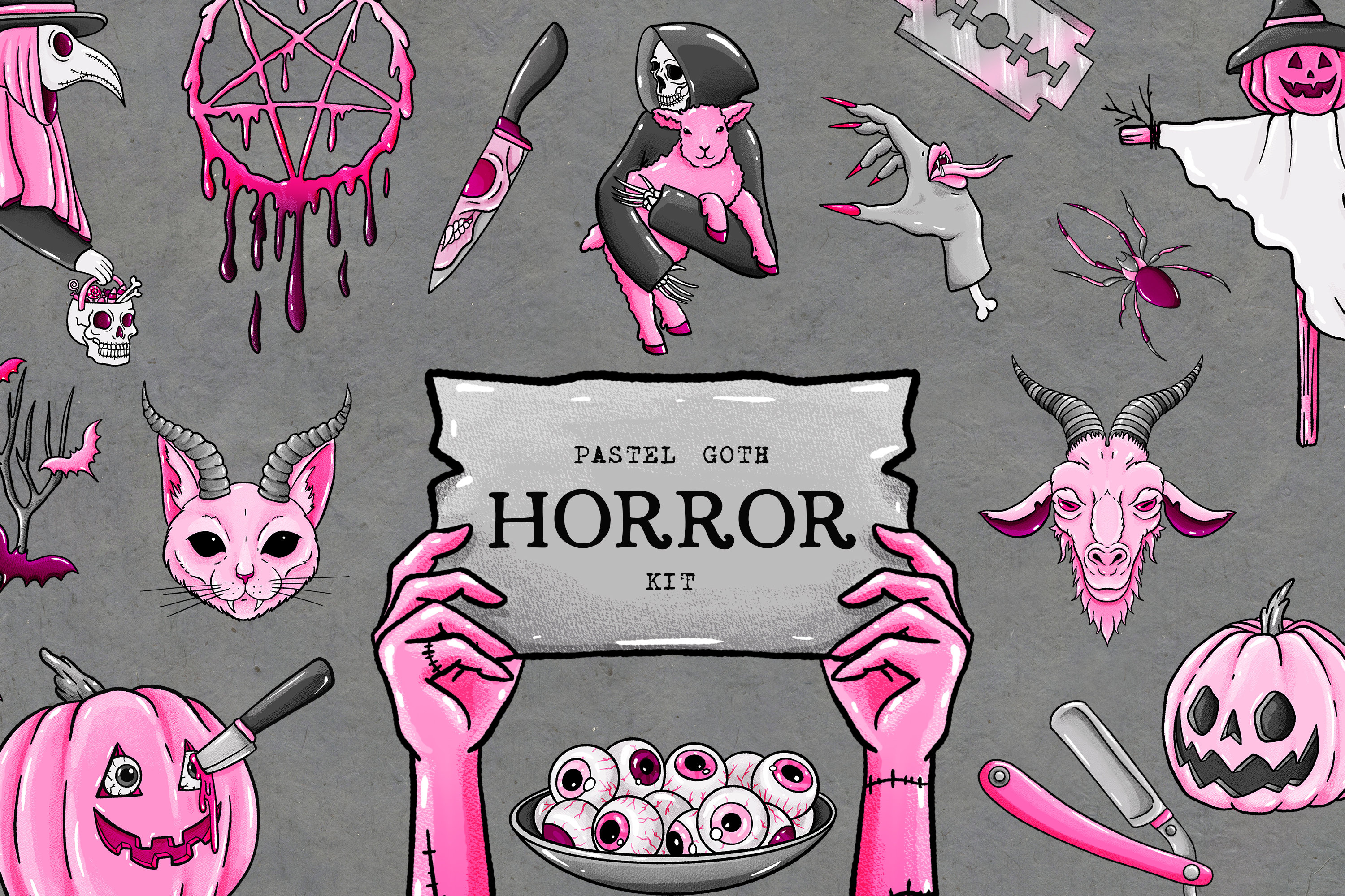 Pastel goth Halloween clipart, Pastel goth horror art, Creepy and Cute digital stickers, Spooky clipart, pink pumpkin face  digital download
