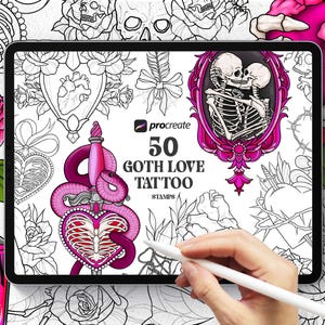 50 disegni di tatuaggi gotici d'amore Pennelli per timbri Procreate, timbri Goth Procreate, pennelli per tatuaggi stregoneschi Procreate, bundle di timbri stregoneschi Procreate