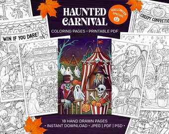 Gothic Halloween Carnival Coloring Book, Creepy Horror Coloring Pages for Adults, Halloween Circus PDF Instant Download, Creepy Cute PDF