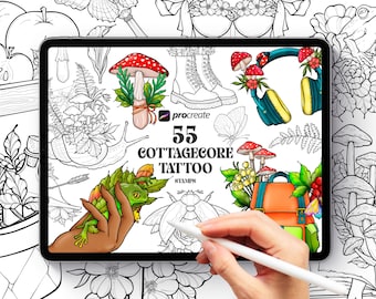 55 Procreate Cottagecore Stamp Brushes, Cottagecore Fairycore Goblincore Tattoo style, Procreate Witchy Tattoo, Digital Stamps for iPad