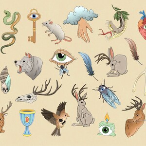 May include: A collection of 24 hand-drawn illustrations featuring various symbols and creatures, including a unicorn, snake, key, mouse, hand, heart, sword, rabbit, wolf, eye, fly, feather, deer, skull, bird, candle, and a wishbone. The illustrations are in a vintage style with muted colours.