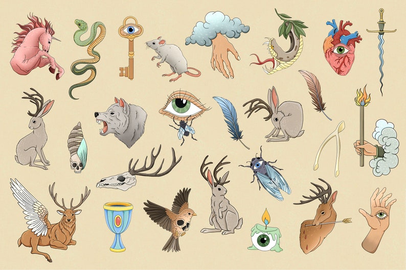 May include: A collection of 24 hand-drawn illustrations featuring various symbols and creatures, including a unicorn, snake, key, mouse, hand, heart, sword, rabbit, wolf, eye, fly, feather, deer, skull, bird, candle, and a wishbone. The illustrations are in a vintage style with muted colours.