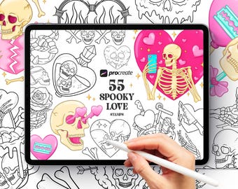 50 Spooky love Tattoo Designs Procreate Stamp Brushes, Goth Procreate Stamps, skull Tattoo Procreate Brushes, Witchy Procreate stamp bundle