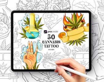 50 Cannabis Tattoo Stamp Brushes for Procreate, Weed Stoner 420 Procreate stamp, Marijuana Procreate stamp, 50 Cannabis Tattoo Stamp Brushes