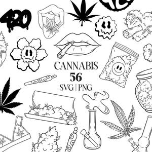 Puede incluir: Ilustraciones en blanco y negro de líneas de hojas de cannabis, flores, pipas y otras imágenes relacionadas. El texto "Cannabis 56 SVG | PNG" está incluido en la imagen.
