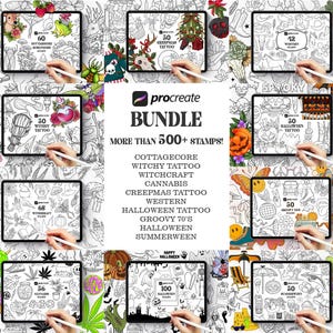 以下が含まれることがあります： Procreate 用のデジタルイラストバンドルで、500 個以上のスタンプが含まれています。バンドルには、コテージコア、ウィッチータトゥー、ウィッチクラフト、カンナビス、クリーピーマスタトゥー、ウェスタン、ハロウィーンタトゥー、グルービー70's、ハロウィーン、サマーウィーンなど、さまざまなテーマが含まれています。