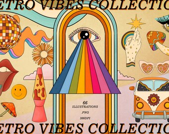 May include: A digital art collection titled "Retro Vibes Collection" featuring 66 illustrations in .PNG format at 300 DPI. The artwork includes a disco ball, eye with rainbow beam, a VW bus, and other retro-themed graphics.