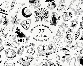 May include: Black and white illustrations of celestial and witchcraft themed designs.  The illustrations include a witch's hat, a crescent moon, a skull, a hand with an eye, a book, a cauldron, a moth, a dragonfly, a key, a feather, a candle, a broom, a mushroom, a deer skull, and a sun.