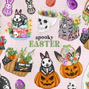 Può includere: Una collezione di illustrazioni a tema Pasqua spettrale. L'immagine presenta vari elementi come scheletri di conigli, zucche di Halloween, cestini pasquali e cupcake, il tutto con un tocco di Halloween. È presente anche il testo "spooky EASTER".