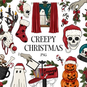 Könnte beinhalten: Eine Sammlung gruseliger Weihnachts-Illustrationen mit einem Schädel, der einen Weihnachtsmann-Hut trägt, einem Rentierschädel mit Geweih, einem Geist, einem Kürbis, einem Sarg und einer Schneekugel mit einem Schädel darin. Der Text "Creepy Christmas" ist in Fettdruck geschrieben.