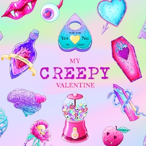 My Creepy Valentine clipart, Spooky Valentine clipart, Pastel Goth V-day clipart, Pastel goth digital stickers, Alternative Valentine day