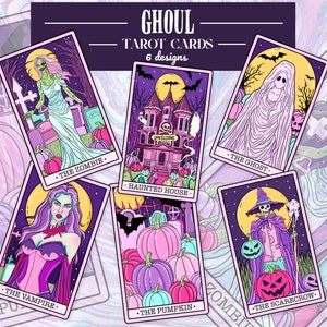 Personagens góticos pastel de Halloween Carta de tarô PNG, pacote engraçado de cartas de tarô, esquadrão de ghouls png, clipart pastel de Halloween, sublimação de Halloween