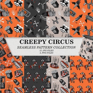 Padrão sem emenda de circo assustador, papel digital de carnaval gótico, feira de Halloween, esqueleto de cavalo carrossel, papel digital, diário digital