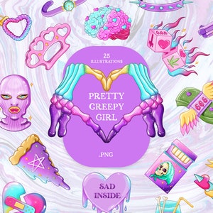 Hübsche gruselige Mädchen Pastell Goth Clipart, gruselig und niedlich png, druckbare digitaler Download, Pastell Goth digitale Aufkleber, Girl Power png