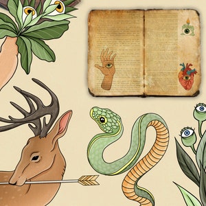 May include: A vintage illustration featuring a deer with antlers, a snake, a hand with an eye, a book with a heart and an eye, and a plant with eyes. The illustration is in a whimsical style with a light brown background.