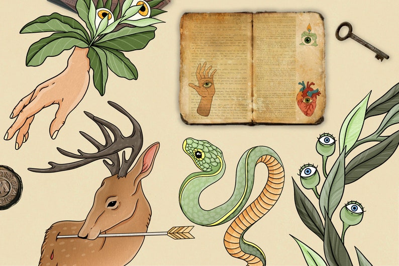 May include: A vintage illustration featuring a deer with antlers, a snake, a hand with an eye, a book with a heart and an eye, and a plant with eyes. The illustration is in a whimsical style with a light brown background.