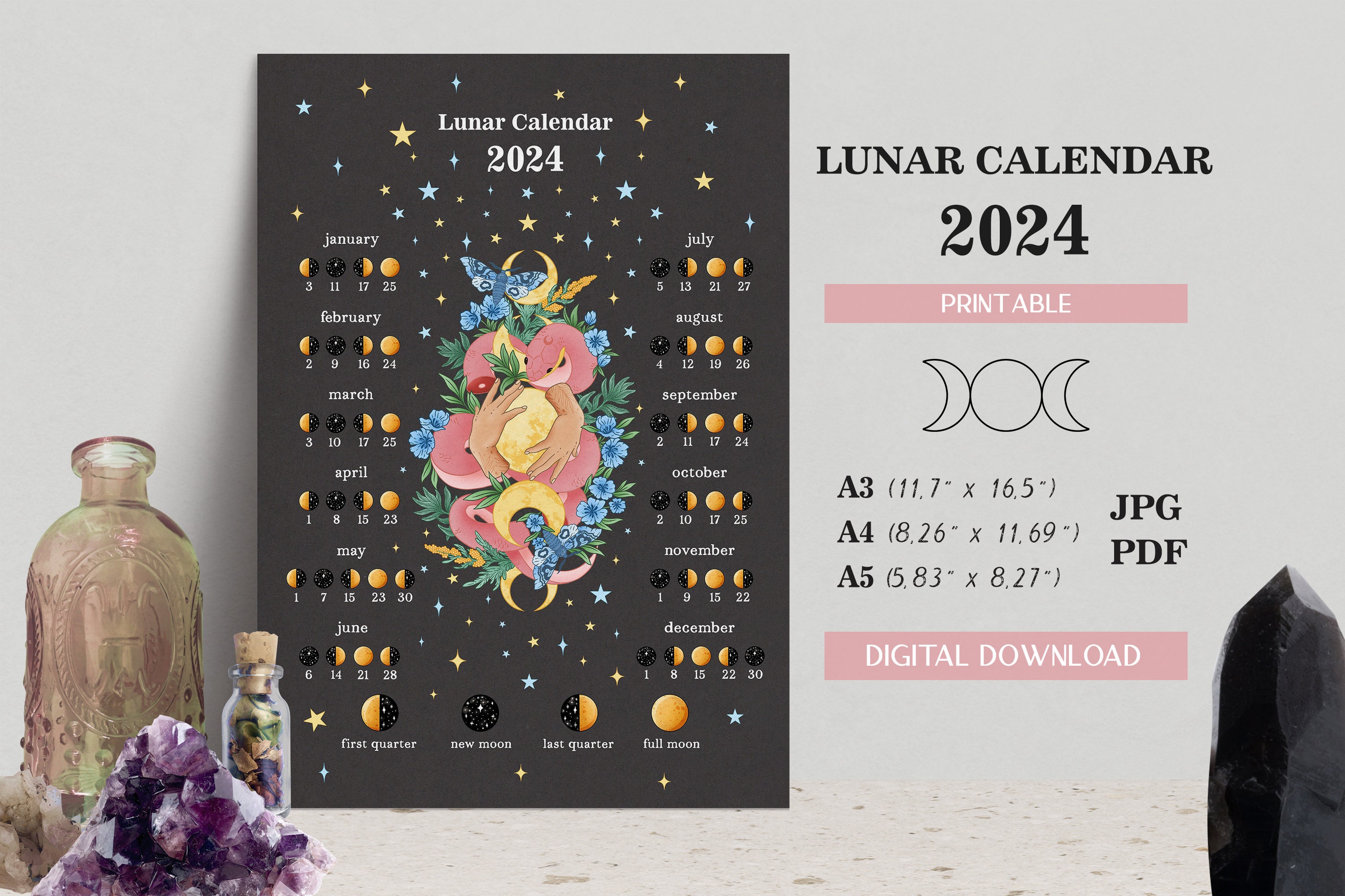 Printable Moon Calendar 2024, Printable Lunar Calendar 2024, Moon