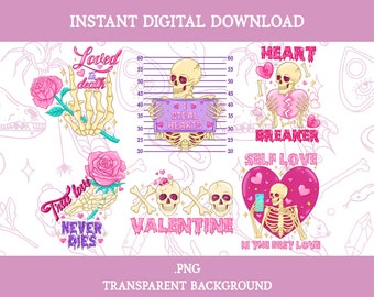 Skeleton Valentine Png Bundle, Creepy Valentine sublimation, Pastel Goth clipart, Skull Valentine Png, Skeleton Valentine clipart