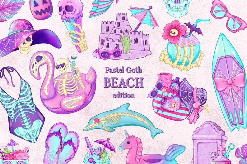 Pastel Goth Beach Clipart, Pastel Goth Summer Clipart, Spooky Kawaii ...