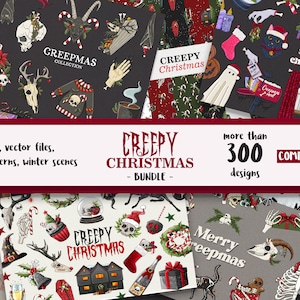 Paquete navideño espeluznante, clipart navideño gótico, clipart gótico pastel, PNG navideño espeluznante, PNG de brujas, Creepmas, sublimación navideña