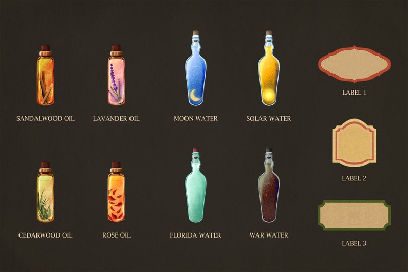 Pode incluir: Dez pequenas garrafas de vidro com rolhas de corti&ccedil;a, cada uma cheia de um l&iacute;quido de cor diferente e contendo um elemento natural. As garrafas s&atilde;o etiquetadas com os nomes dos l&iacute;quidos: &oacute;leo de s&acirc;ndalo, &oacute;leo de lavanda, &aacute;gua da lua, &aacute;gua solar, &oacute;leo de cedro, &oacute;leo de rosa, &aacute;gua da Fl&oacute;rida e &aacute;gua de guerra. Tamb&eacute;m s&atilde;o inclu&iacute;das tr&ecirc;s etiquetas em branco.