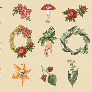 May include: A collection of 15 digital illustrations featuring various botanical and surreal elements, including flowers, mushrooms, a skull, a hand, an apple, and a snake. The illustrations are in a vintage style with a muted colour palette.