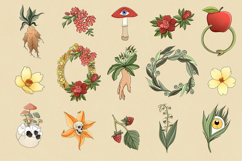 May include: A collection of 15 digital illustrations featuring various botanical and surreal elements, including flowers, mushrooms, a skull, a hand, an apple, and a snake. The illustrations are in a vintage style with a muted colour palette.