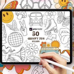 Retro Procreate stamps, Groovy Procreate brushes, 70&#39;s Procreate stamps, Retro flower procreate stamps, Procreate brushes for artists