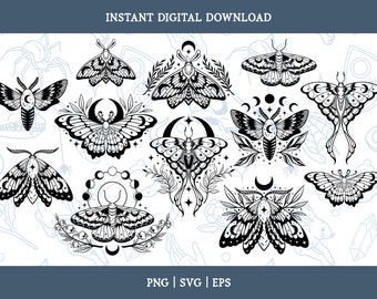 May include: A set of ten black and white illustrations of moths with intricate details. Each moth is surrounded by floral elements and celestial symbols, including moons and stars.