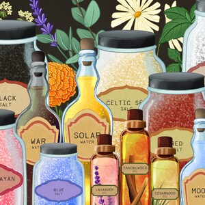 Pode incluir: Uma cole&ccedil;&atilde;o de frascos e garrafas de vidro cheios de v&aacute;rios sais, &aacute;guas e &oacute;leos. Os frascos s&atilde;o etiquetados com nomes como "Sal preto", "Sal rosa do Himalaia", "&Aacute;gua solar", "&Oacute;leo de lavanda", "&Oacute;leo de s&acirc;ndalo", "&Oacute;leo de cedro", "&Aacute;gua da lua", "&Aacute;gua da Fl&oacute;rida", "Sal vermelho", "Sal marinho celta" e "Sal marinho".