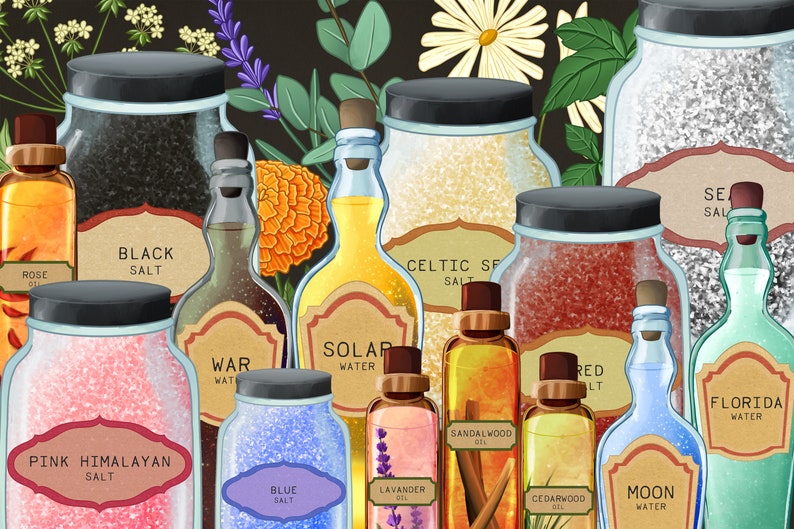 Pode incluir: Uma cole&ccedil;&atilde;o de frascos e garrafas de vidro cheios de v&aacute;rios sais, &aacute;guas e &oacute;leos. Os frascos s&atilde;o etiquetados com nomes como "Sal preto", "Sal rosa do Himalaia", "&Aacute;gua solar", "&Oacute;leo de lavanda", "&Oacute;leo de s&acirc;ndalo", "&Oacute;leo de cedro", "&Aacute;gua da lua", "&Aacute;gua da Fl&oacute;rida", "Sal vermelho", "Sal marinho celta" e "Sal marinho".