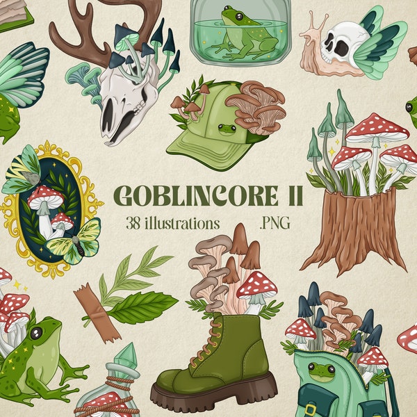 Goblincore clipart, Cottagecore green witch clipart, frog and toad printable sublimation design, digital stickers, Fairycore clipart