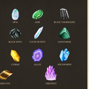 Pode incluir: Um gr&aacute;fico de cristais para bruxas, com ilustra&ccedil;&otilde;es de cada cristal e seu nome. Os cristais incluem rubi, opala, jade, turmalina negra, quartzo rosa, &ocirc;nix negro, quartzo claro, aventurina, fluorita, citrino, &aacute;gata, &aacute;gua-marinha, olho de tigre e ametista. O gr&aacute;fico tamb&eacute;m inclui uma descri&ccedil;&atilde;o do quartzo claro, que se diz ser brilhante, organizador, amplificador, purificador, curativo e altamente program&aacute;vel.