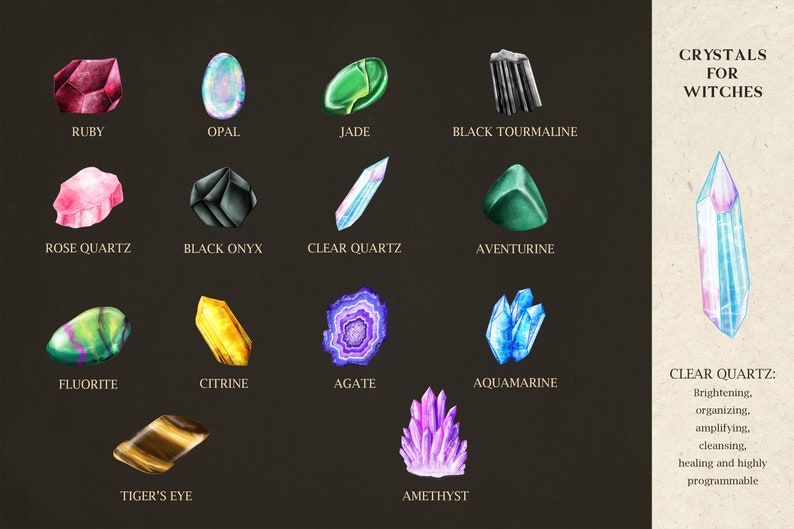 Pode incluir: Um gr&aacute;fico de cristais para bruxas, com ilustra&ccedil;&otilde;es de cada cristal e seu nome. Os cristais incluem rubi, opala, jade, turmalina negra, quartzo rosa, &ocirc;nix negro, quartzo claro, aventurina, fluorita, citrino, &aacute;gata, &aacute;gua-marinha, olho de tigre e ametista. O gr&aacute;fico tamb&eacute;m inclui uma descri&ccedil;&atilde;o do quartzo claro, que se diz ser brilhante, organizador, amplificador, purificador, curativo e altamente program&aacute;vel.