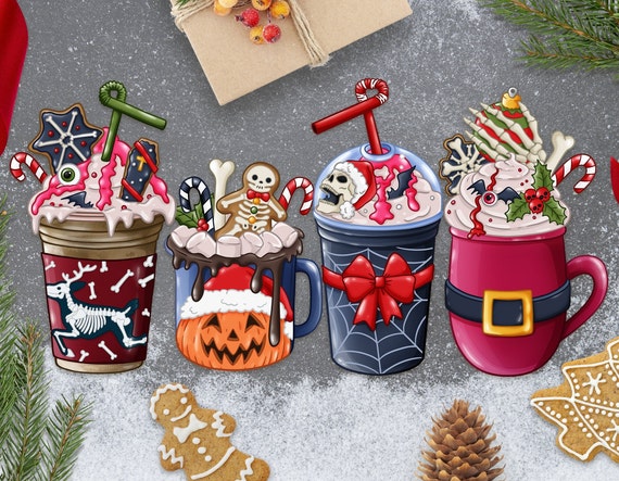 Creepy Christmas coffee, Coffee cups PNG, Spooky Christmas sublimation design, Coffee sublimation PNG, Christmas drink PNG, Goth Christmas