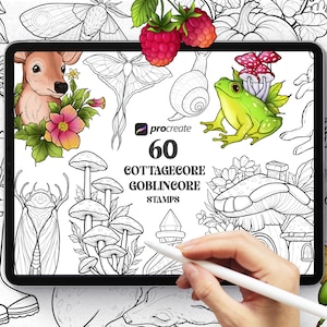 May include: A digital illustration set of 60 cottagecore and goblincore stamps for Procreate. The stamps feature a variety of whimsical designs, including mushrooms, a deer, a frog, a snail, a beetle, and a moth.