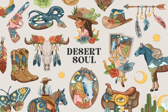 Wild West clipart and digital paper, Western and Mystical clipart, Celestial cowgirl Png, Desert clipart, Boho Western png, Country girl png