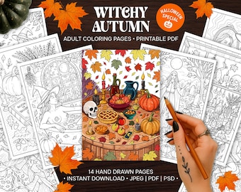 Witchy Coloring Book for Adults, Halloween Witch Coloring Pages, Gothic Fantasy Printable Coloring PDF, Halloween activity Digital Download