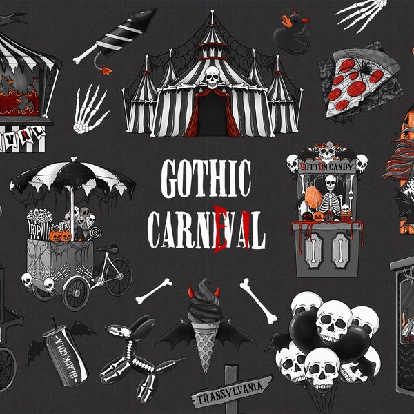 Clipart de carnaval gothique, foire d'Halloween, cirque d'Halloween, conception de sublimation de squelette de cheval de carrousel, autocollants numériques, journalisation numérique